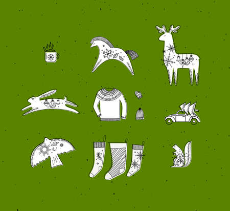 Merry christmas symbols cup, horse, deer, rabbit, hat, glove, pullover, car, tree, bird, squirrel, socks drawing in graphic style on green backgroundのイラスト素材