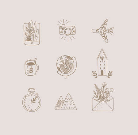 Set of travel nature icons in hand made line style tablet, camera, plane, tea cup, globe, house building, clock, mountains, envelope drawing on beige backgroundのイラスト素材