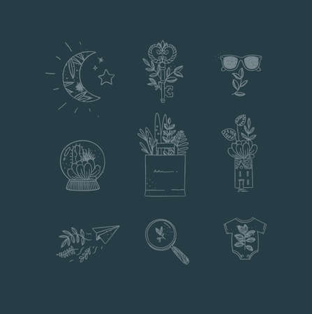 Set of nature icons in hand made line style moon, key, glasses, glass ball, grocery bag, house, paper plane, magnifier, baby clothes drawing on dark blue backgroundのイラスト素材