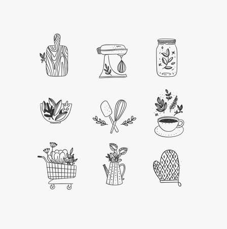 Set of floral kitchen icons in hand made line style cutting board, mixer, jar with lid, salad bowl, dough whisk, coffee cup, grocery cart, water jug for plants, oven mitts drawing on white backgroundのイラスト素材