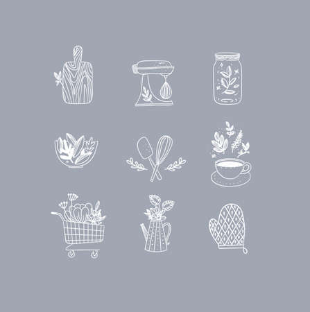 Set of floral kitchen icons in hand made line style cutting board, mixer, jar with lid, salad bowl, dough whisk, coffee cup, grocery cart, water jug for plants, oven mitts drawing on grey backgroundのイラスト素材