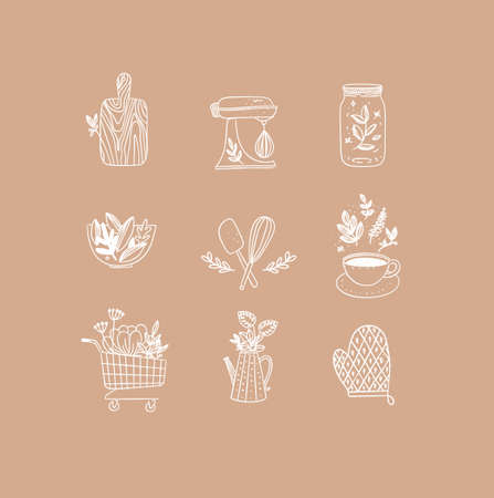 Set of floral kitchen icons in hand made line style cutting board, mixer, jar with lid, salad bowl, dough whisk, coffee cup, grocery cart, water jug for plants, oven mitts drawing on peach backgroundのイラスト素材