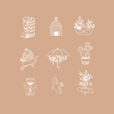 Set of floral garden icons in hand made line style boots, barn, origami, garden cart, umbrella, cactus, hourglass, bird, plaster drawing on peach backgroundのイラスト素材