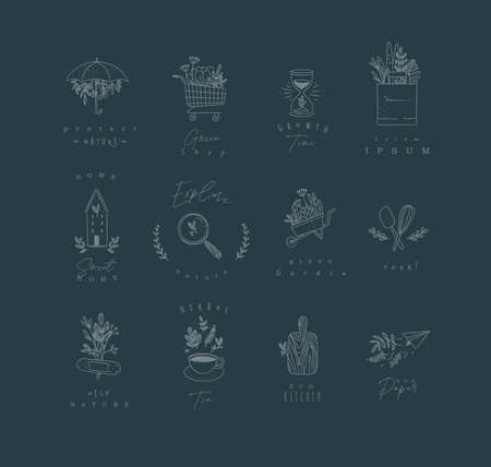 Set of natural labels protect, shop, growth time, sweet home, explore, green garden, cook, herbal tea, eco kitchen drawing on dark blue backgroundのイラスト素材