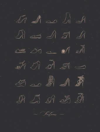Women shoes different types set drawing in vintage style on brown backgroundのイラスト素材
