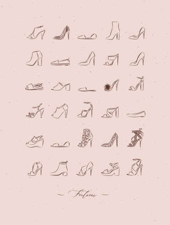 Women shoes different types set drawing in vintage style on peach color backgroundのイラスト素材