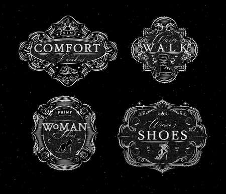 Shoes labels vintage with inscriptions comfort sneakers, warm walk, woman footwear drawing in retro style on black backgroundのイラスト素材