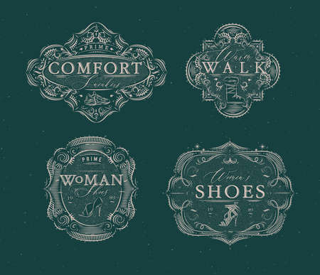 Shoes labels vintage with inscriptions comfort sneakers, warm walk, woman footwear drawing in retro style on green backgroundのイラスト素材