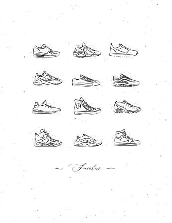 Men shoes different types of sneakers set drawing in vintage style on white backgroundのイラスト素材