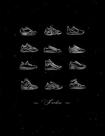 Men shoes different types of sneakers set drawing in vintage style on black backgroundのイラスト素材