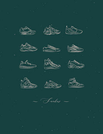 Men shoes different types of sneakers set drawing in vintage style on green backgroundのイラスト素材