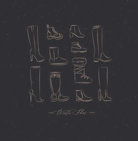 Women winter shoes different types set drawing in vintage style on brown backgroundのイラスト素材