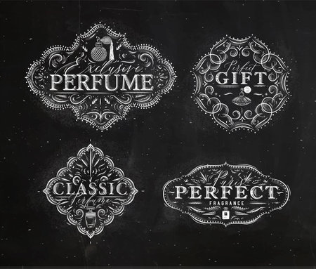 Perfume vintage badges with fragrance bottle set drawing in retro style on black backgroundのイラスト素材