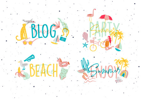 Summer lettering with inscriptions travel blog, party, beach time, enjoy drawing in color styleのイラスト素材