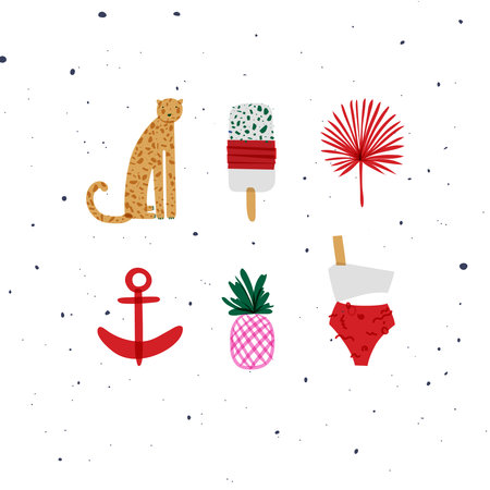 Summer elements cheetah, ice cream, flower, anchor, pineapple, swimsuit drawing in vivid colorのイラスト素材
