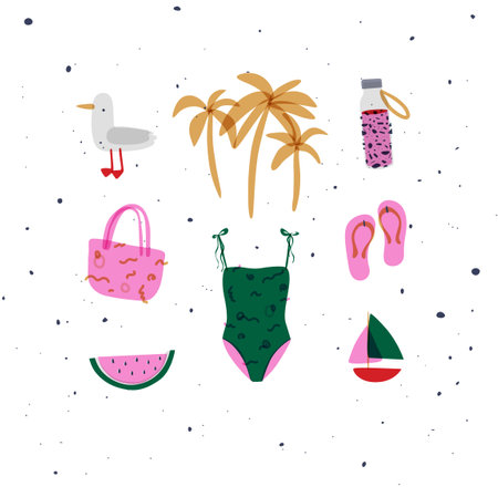 Summer elements seagull, palm tree, bottle of water, bag, swimsuit, slippers, watermelon, boat drawing in vivid colorのイラスト素材