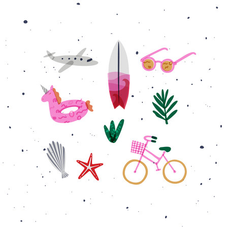 Summer elements airplane, surfboard, sunglasses, swim ring, tree, starfish, shell, plants, bike drawing in vivid colorのイラスト素材