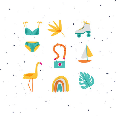 Summer elements swimsuit, leaf, flower, rollers, camera, boat, flamingo, rainbow, tropical leaf drawing in colorのイラスト素材