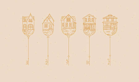 Set of house key collection in modern line style drawing on beige background.のイラスト素材