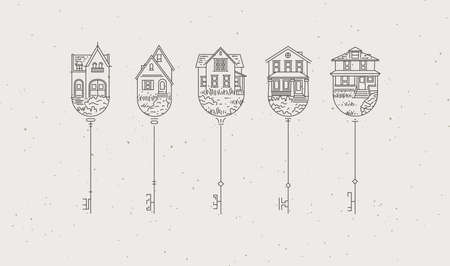 Set of house key collection in modern line styleのイラスト素材