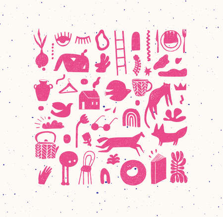 Set of hand drawn design signs drawing in crosshatch style in pink color on beige backgroundのイラスト素材
