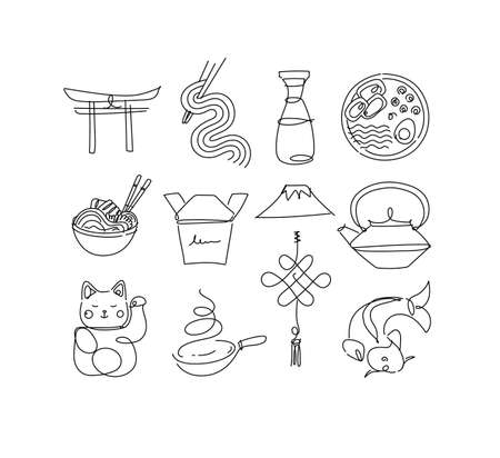 Sushi icon set in line style drawing on white backgroundのイラスト素材