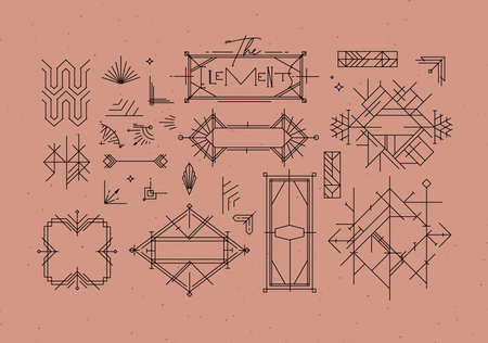 Art deco vintage design elements drawing in line style on powder coral backgroundのイラスト素材