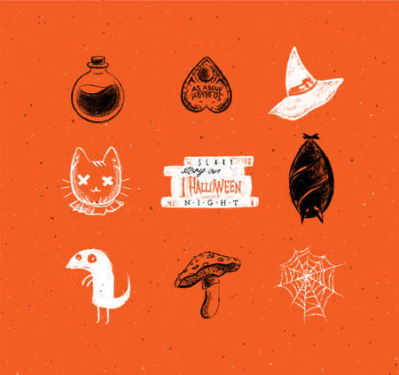 Halloween scary collection elixir, bottle,  hat, cat head, scary stories, bat, dracula, chupacabra, mushroom, spider web elements and icons for decorations in hand drawing style with chalk on orange backgroundのイラスト素材