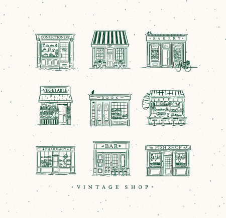 Set of cafe and shops confectionary, coffee, bakery, vegetable, book, Asian food, pharmacy, bar, fish drawing in vintage style with green linesのイラスト素材