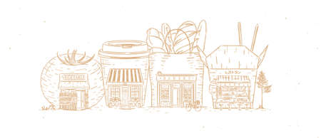 Set of storefronts grocery, cafe, bakery, asian food drawing with beige colorのイラスト素材