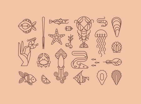 Set of creative modern art deco seafood signs in flat line style drawing on beige background.のイラスト素材