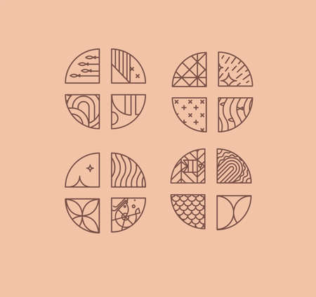 Set of creative modern art deco seafood chevrons in flat line style drawing on beige background.のイラスト素材