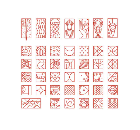 Set of creative modern art deco seafood icons in flat line style drawing on white background.のイラスト素材