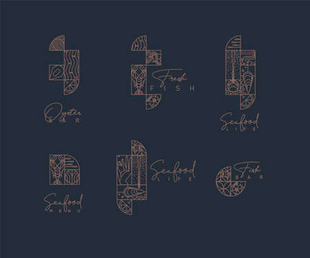 Set of creative modern art deco seafood labels in flat line style drawing on brown background.のイラスト素材
