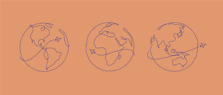 Hand drawing globe plane traveling in pen line style on salmon color backgroundのイラスト素材