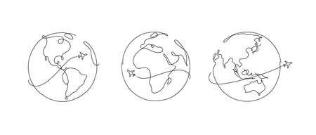 Hand drawing globe plane traveling in pen line style on white backgroundのイラスト素材