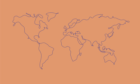 World map in pen line style drawing on salmon color backgroundのイラスト素材