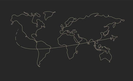 World map pen line plane travel drawing on black backgroundのイラスト素材
