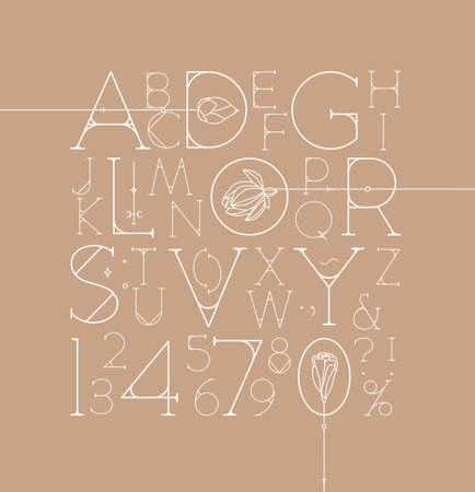 Art Deco alphabet with letters and numbers drawing on beige backgroundのイラスト素材