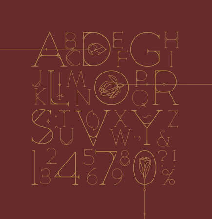 Art Deco alphabet with letters and numbers drawing on red backgroundのイラスト素材