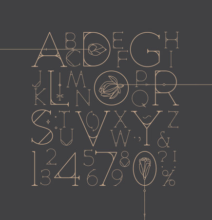 Art Deco alphabet with letters and numbers drawing on gray backgroundのイラスト素材