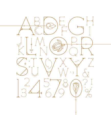 Art Deco alphabet with letters and numbers drawing on white backgroundのイラスト素材