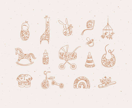 Set of baby stuff child, giraffe, toy, rabbit, doll, hat, horse, bottle, milk, stroller, baby carriage, napkin, clothes, bicycle, thermometer drawing in graphic style on light background.のイラスト素材