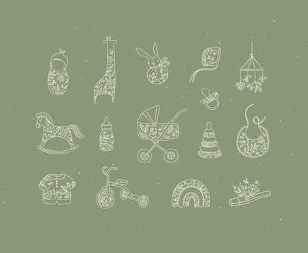 Set of baby stuff child, giraffe, toy, rabbit, doll, hat, horse, bottle, milk, stroller, baby carriage, napkin, clothes, bicycle, thermometer drawing in graphic style on green background.のイラスト素材