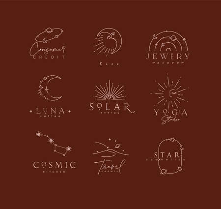 Flat elegance astrology labels with lettering in modern line style drawing with brown lines on red backgroundのイラスト素材