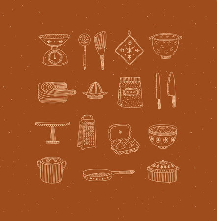 Set of kitchen tools and cooking icons drawing in handmade graphic primitive casual style on mustard background.のイラスト素材