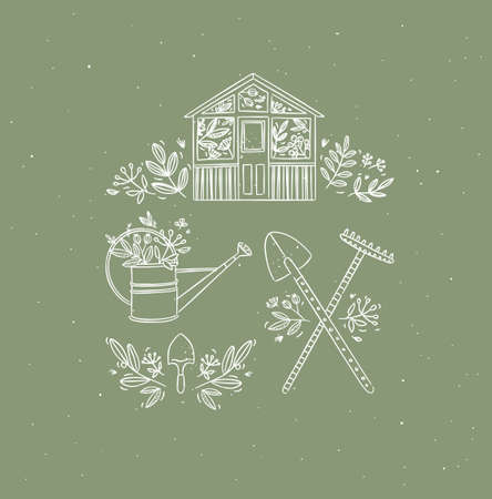 Village collection of icons house, garden tools, shovel, rake, watering can drawing in graphic style on green backgroundのイラスト素材