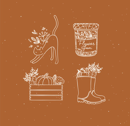 Village collection of icons vegetable box, boots, cat, jar of jam drawing in graphic style on mustard backgroundのイラスト素材