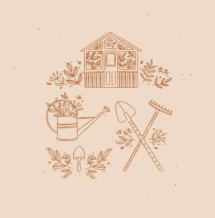 Village collection of icons house, garden tools, shovel, rake, watering can drawing in graphic style on peach backgroundのイラスト素材