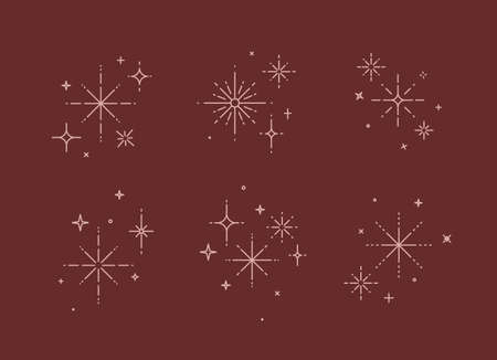 Clink splashes, stars, glowing in flat line art deco style drawing on red backgroundのイラスト素材